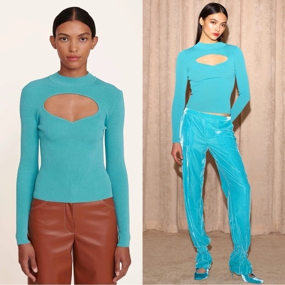STAUD 90s Turquoise Rib Knit Mockneck Heart Cutout Long Sleeve Slim Fit Top XS - Picture 1 of 12